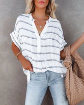 Button Up V Neck Short Sleeve Oversize Blouse Top