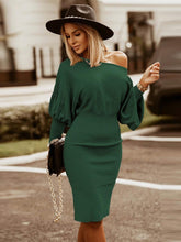 Off Shoulder Solid Color Long Sleeve Midi Dress
