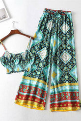 Boho Two Piece Set, Crop Top and Palazzo Pant, Wild Boho Square Green