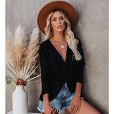 V Neck Long Sleeve Cross Front Plunging Loose Knit Tops