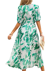 Women's Dresses Temperament Print Waist V Neck Midi Dress