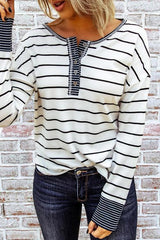 Button Neck Stripe Long Sleeve T Shirt
