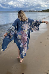 Boho Robe, Kimono Robe, Beach Cover up, Love in the Mist in Navy
