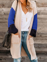 Pocket Matching Color Sleeve Long Cardigan