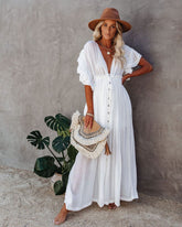 Deep V Neck Button Down Draw String Maxi Dress