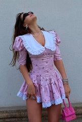 Vintage Mini Dress - Doll Collar, Long Sleeve, Summer Dress Ariyah in Dorothy in Green and Pink