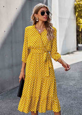 High Waist Dot V Neck Dress