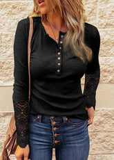 Button Long Sleeve Round Neck T-shirt