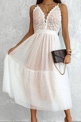 V Neck Polka Dot Lace Mesh Slip Dress