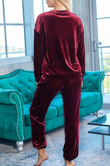 Red Solid Velvet Round Neck Top & Drawstring Pants Longe Set