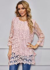Cut Out Lace Round Neck Casual Shirt