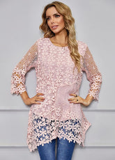 Cut Out Lace Round Neck Casual Shirt