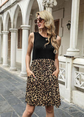 Leopard Patchwork Round Neck Sleeveless Dress