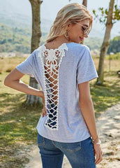 Cross Straps Back Short Sleeve Round Neck T-shirt