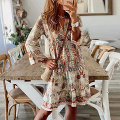 Retro Print V-Neck Long Sleeve Mini Dress