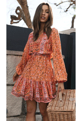 Boho Mini Dress Sundress, Vacation in Orange Saffron