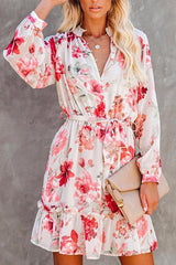 Buttons Tie Waist Printed Ruffle Dress