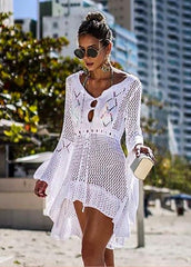 Hollow Out Long Sleeve V Neck Cover Up