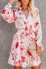 Buttons Tie Waist Printed Ruffle Dress