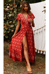 Boho Maxi Dress, Sundress, Wrap Dress, Red Ruby
