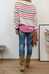 Drop Shoulder Color Block Stripes Knitting Sweater