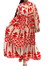 Explosive Long-sleeved Geometric Pattern Print Dress Ladies Loose Waist Stand Collar Pleats Wrinkled New Single-breasted Shirt Skirt Bohemian Dress