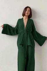 Boho Pajamas, Pajamas Sets for Women, Emily Cotton in Green, Brown and Gray