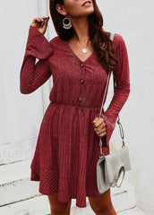 High Waist Solid Color V Neck Dress