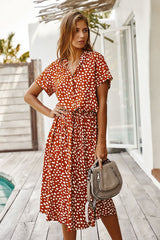 Boho Midi Dress, Sundress, Quinn Polka Dot in Orange Brick