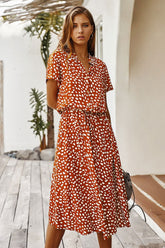 Boho Midi Dress, Sundress, Quinn Polka Dot in Orange Brick