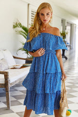 Boho Midi Dress, Sundress, Sadie Ruffle in Blue