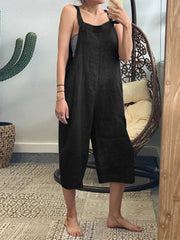Women's Pocket Cotton Solid Loose Jumpsuit