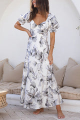 Seaside Space Floral Satin Open Back Crossover Straps Maxi Dress
