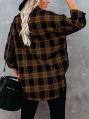 Plaid Lapel Double Pocket Button Blouse