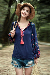 Boho Tops for Women, Boho Tops for Women, Boho Blouse, Embroidery Cotton in Navy