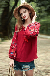 Boho Tops for Women, Boho Tops for Women, Boho Blouse, Embroidery Cotton in Red