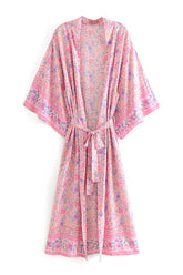 Boho Robe, Kimono Robe, Beach Cover up, Wild Floral in Pink