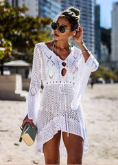 Hollow Out Long Sleeve V Neck Cover Up