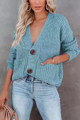 Deep V-neck Pockets Chunky Knit Cardigan