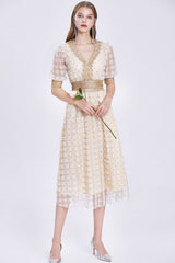 Vintage Dress, Boho Midi Dress, Lace Party Dress, Genevieve in Midnight and White Apricot