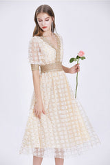 Vintage Dress, Boho Midi Dress, Lace Party Dress, Genevieve in Midnight and White Apricot