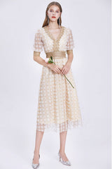 Vintage Dress, Boho Midi Dress, Lace Party Dress, Genevieve in Midnight and White Apricot