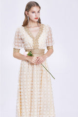 Vintage Dress, Boho Midi Dress, Lace Party Dress, Genevieve in Midnight and White Apricot