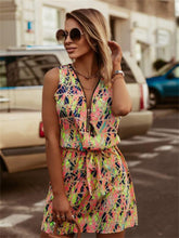 New Fashion Print Short-sleeved Zipper Collar Elastic Waist V-neck Short-sleeved Floral A-line Skirt Midriff Set Head Regular Sleeve Dress Short Dress