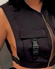 Zip Up Flap Pocket Buckle Link Vest Jacket