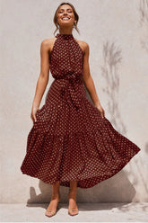 Boho Maxi Dress, Halter Dress, Meadowsweet, Polka Dot in Brown