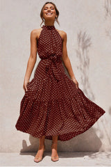 Boho Maxi Dress, Halter Dress, Meadowsweet, Polka Dot in Brown