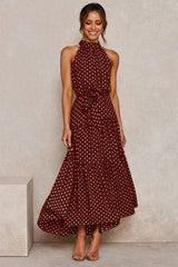 Boho Maxi Dress, Halter Dress, Meadowsweet, Polka Dot in Brown