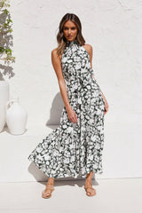 Boho Maxi Dress, Halter Dress, Meadowsweet in Black Hibiscus