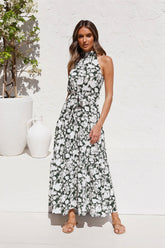 Boho Maxi Dress, Halter Dress, Meadowsweet in Black Hibiscus